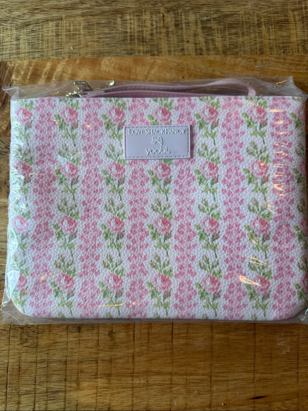 LoveShackFancy Pink Floral Cosmetic Pouch with Wrist Strap